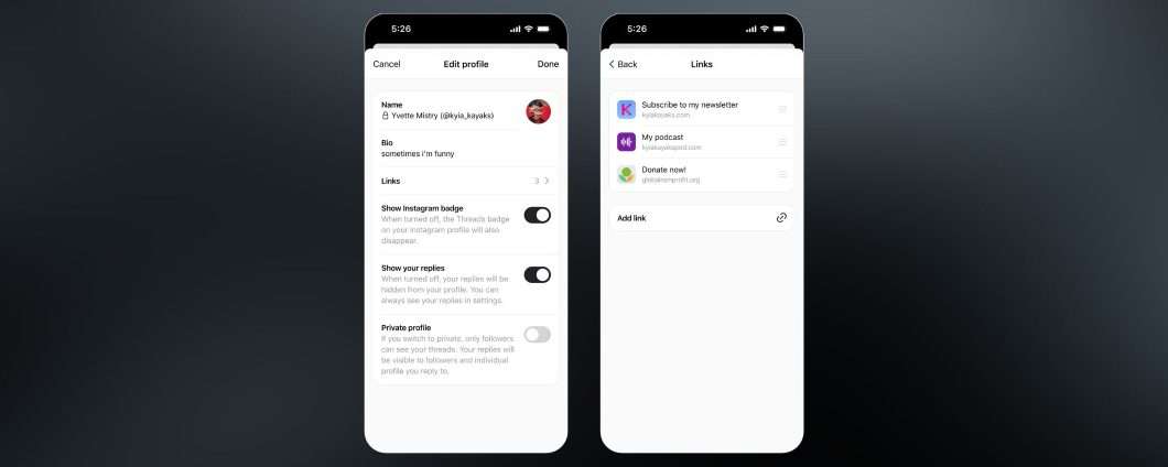Threads, i creator possono aggiungere 5 link nel profilo