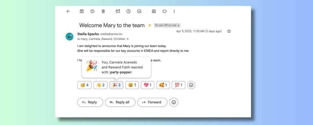 Gmail, le reazioni con emoji anche per gli utenti Workspace