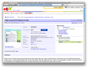 L'annuncio postato da Andrew Baron su eBay per la vendita di twitter.com/andrewbaron