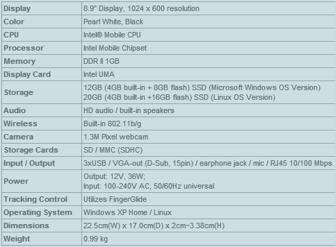 Specifiche tecniche dell'Eee PC 900