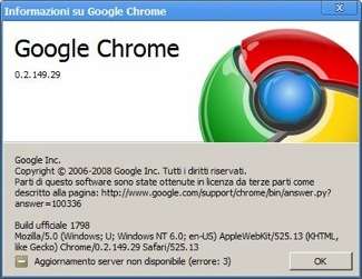 La schermata di informazioni di Google Chrome