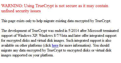 Il messaggio sul sito di TrueCrypt