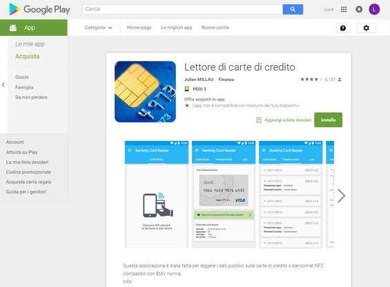 app Android Lettore di carte di credito