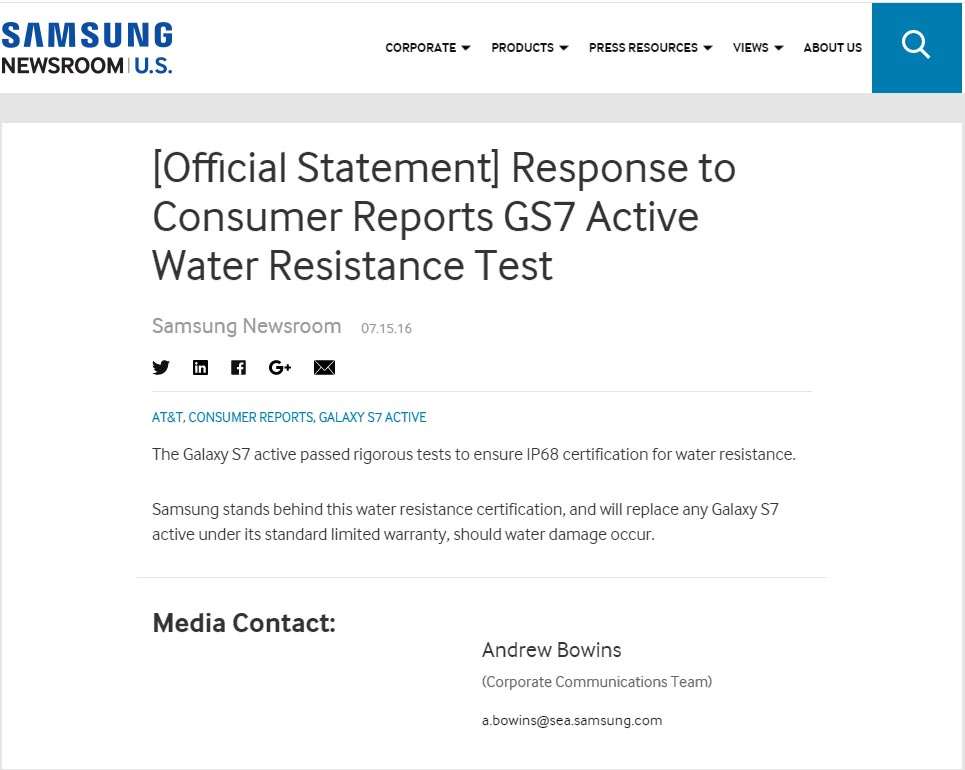 Samsung: il Galaxy S7 Active resiste all'acqua