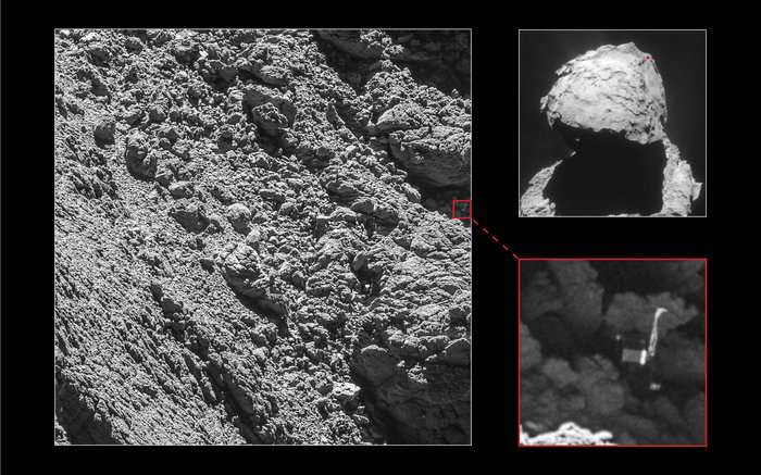 Immagine di Philae catturata da Osiris, la camera ad alta risoluzione a bordo della sonda Rosetta