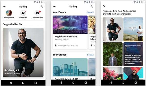 Screenshot per la sezione Dating integrata nell'applicazione mobile di Facebook