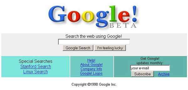 La prima homepage di Google, nel 1998
