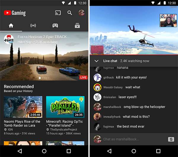 Screenshot per l'applicazione Android di YouTube Gaming