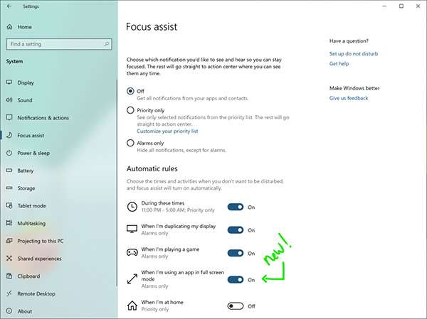 Windows 10 19H1: build 18277, Focus Assist