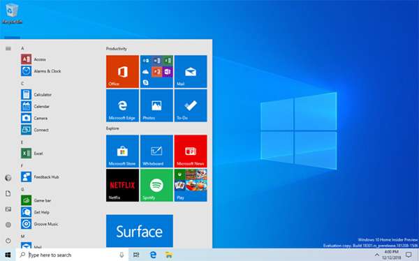 Windows 10 19H1: il menu Start semplificato