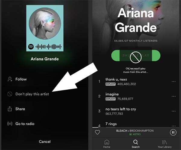 La funzionalità di Spotify per bloccare un artista o una band