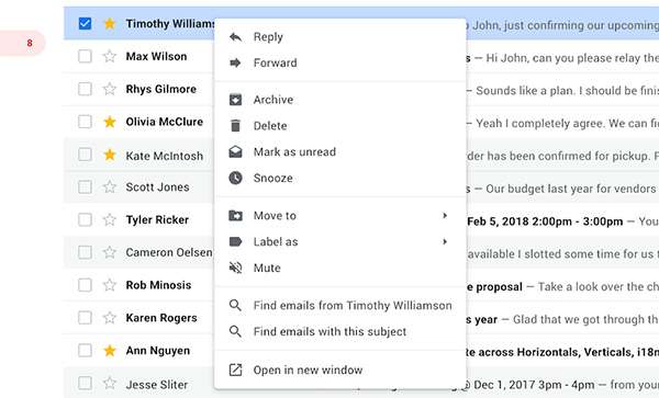 Gmail: nuove opzioni per il menu contestuale che si apre in seguito a un click con il tasto destro