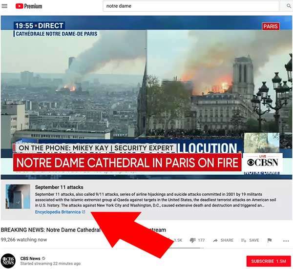 YouTube ha mostrato un link verso un approfondimento sugli attacchi dell'11 settembre nel live streaming dell'incendio alla cattedrale di Notre-Dame