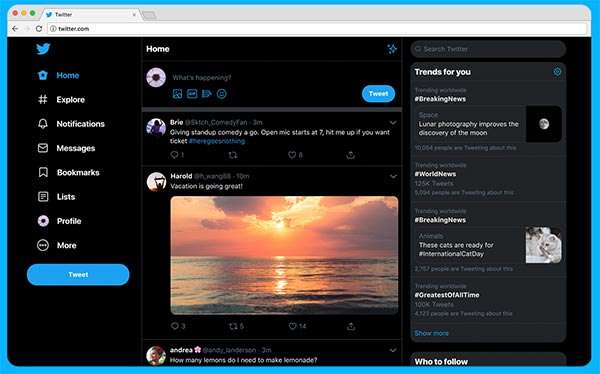 Il restyling di Twitter per l'interfaccia desktop del social network (Dark Mode)
