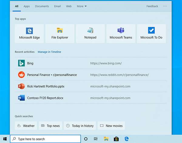 Windows 10 20H1 build 19018: novità per la ricerca