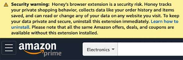 L'avviso mostrato da Amazon agli utenti dell'estensione Honey