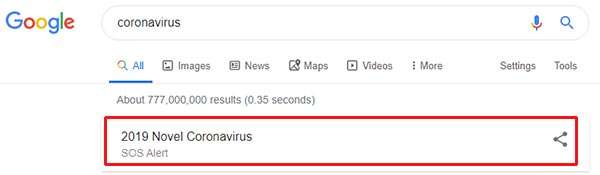 Gli avvisi a proposito del coronavirus in cima alle SERP di Google