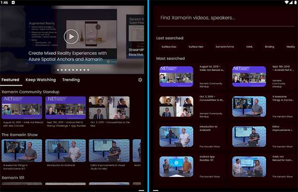 L'interfaccia dell'app Xamarin TV su Microsoft Surface Neo con Windows 10X