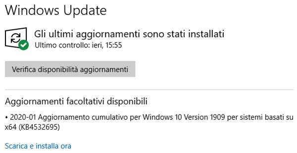 L'aggiornamento KB4532695 per Windows 10