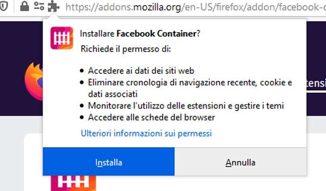 Facebook Container per Firefox 74