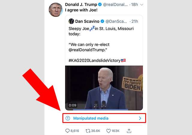 Il retweet di Trump sul discorso di Biden etichettato da Twitter come contenuto manipolato