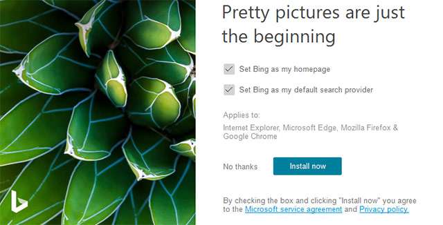 Bing Wallpaper chiede di modificare motore di ricerca e pagina predefinita all'apertura del browser
