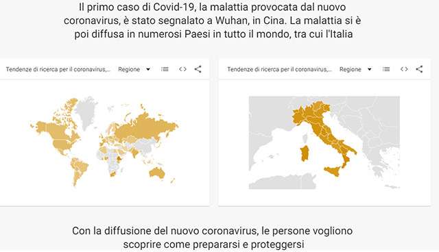 I trend di ricerca registrati da Google sul tema coronavirus