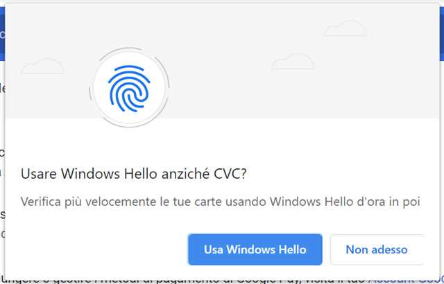 Il riconoscimento biometrico di Windows Hello per i pagamenti con Chrome