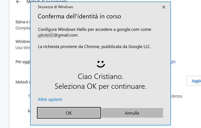 Il riconoscimento biometrico di Windows Hello per i pagamenti con Chrome