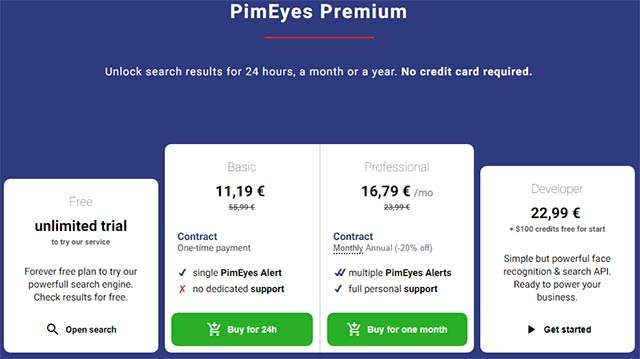 Le tariffe di PimEyes Premium