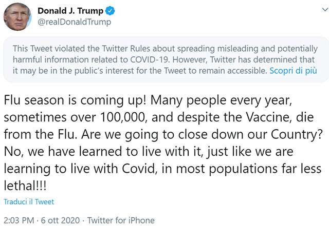 Il post di Donald Trump su Twitter in merito a COVID-19 e influenza