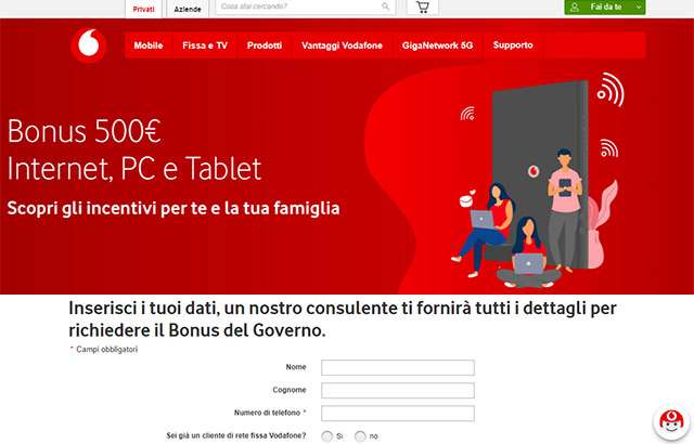 La pagina di Vodafone dedicata al Bonus 500 euro