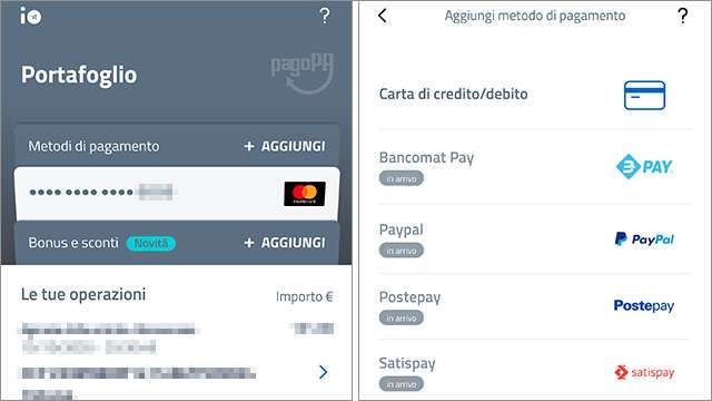 I metodi di pagamento associati all'applicazione IO