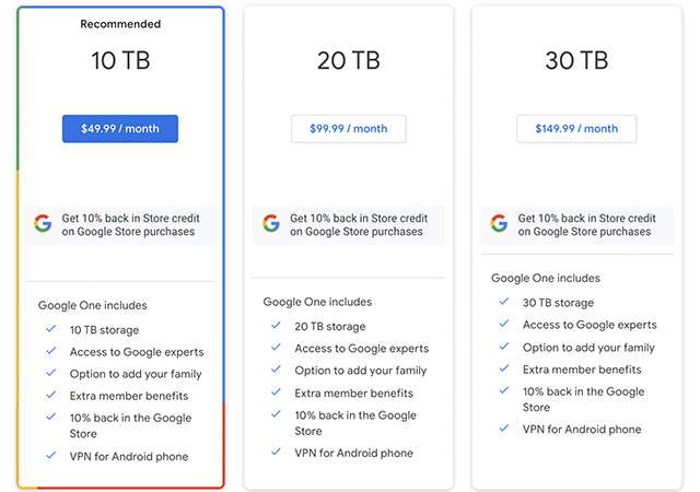 Google One: prezzi dimezzati per i piani da 10, 20 e 30 TB negli Stati Uniti