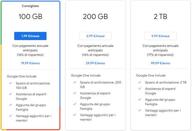 Google One: i piani di abbonamento