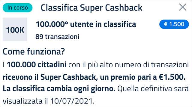 Super Cashback: la classifica aggiornata a venerdì 19 febbraio 2021 con il numero minimo di transazioni necessario per accedere al bonus
