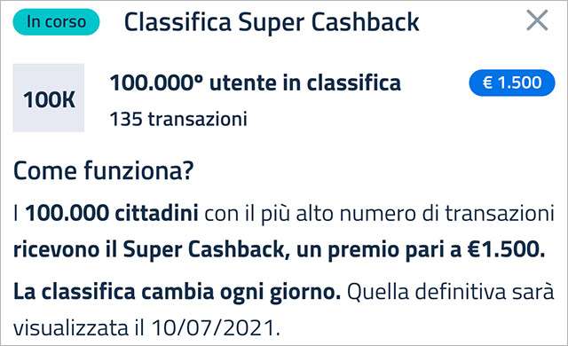 Super Cashback: la classifica aggiornata a martedì 9 marzo 2021 con il numero minimo di transazioni necessario per accedere al bonus