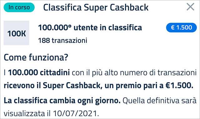Super Cashback: la classifica aggiornata a venerdì 26 marzo 2021 con il numero minimo di transazioni necessario per accedere al bonus