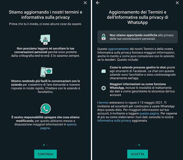 WhatsApp: il banner in-app per le modifiche a termini di servizio e informativa privacy