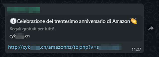 Il messaggio WhatsApp a proposito del finto sondaggio sulla celebrazione del trentesimo anniversario di Amazon