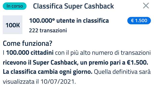 Super Cashback: la classifica aggiornata a venerdì 9 aprile 2021 con il numero minimo di transazioni necessario per accedere al bonus