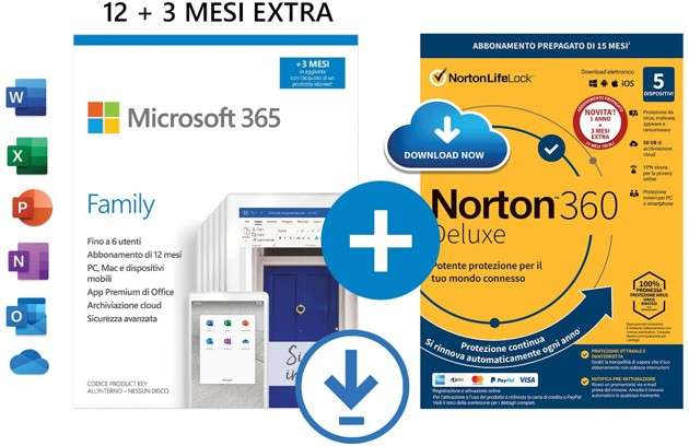 15 mesi di Microsoft 365 e Norton 360 Deluxe