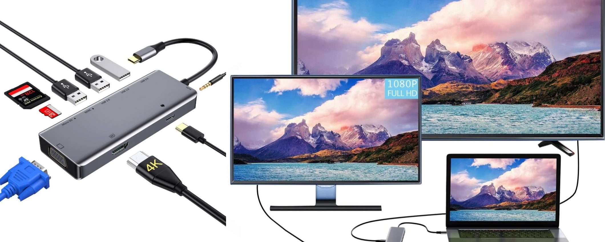 HUB USB-C 9 in 1 HDMI 4K e PD a meno di 30 euro