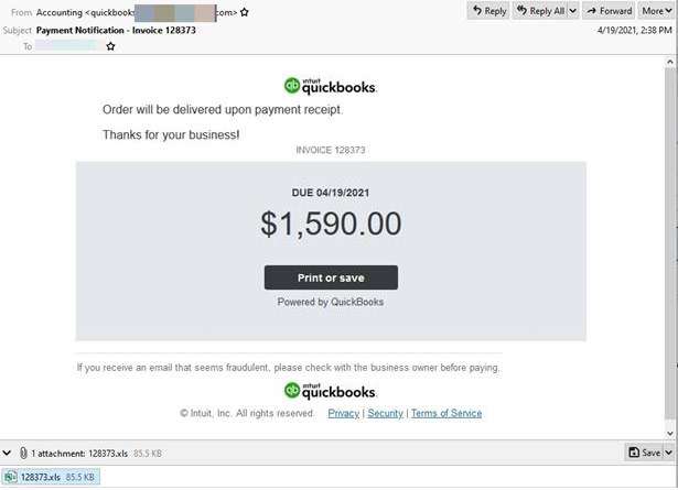 L'email di phishing che infetta con Dridex fingendosi una fattura QuickBooks