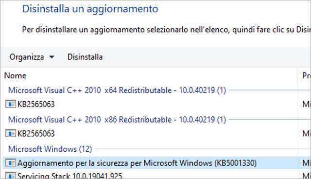 Windows 10: come disinstallare l'aggiornamento problematico KB5001330