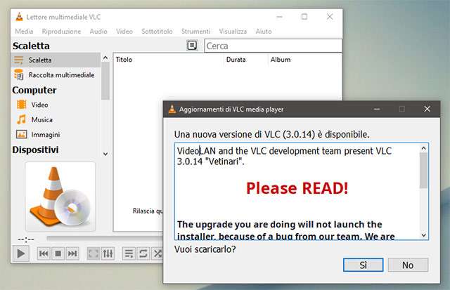 VLC: avviso sull'aggiornamento alla nuova versione