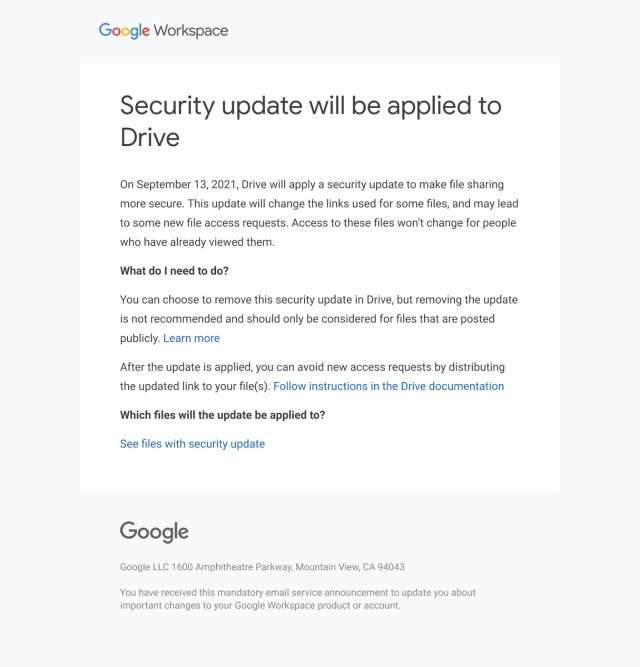 Google Workspace - Drive security update email