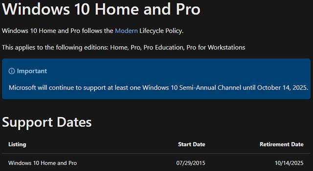 La fine del supporto per Windows 10 Home e Pro