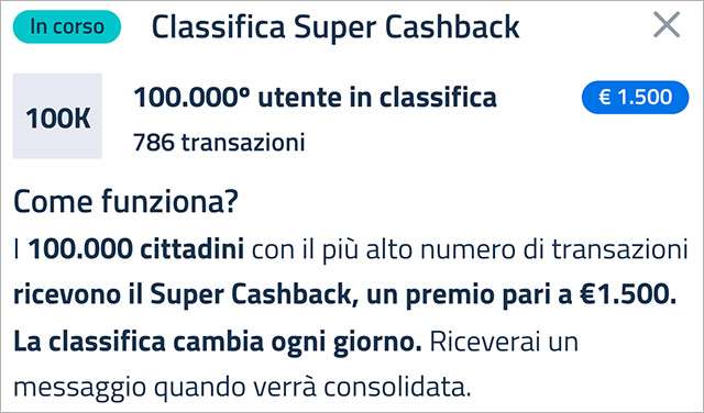 La classifica del Super Cashback al 7 luglio 2021: 786 transazioni per l'ultima posizione utile