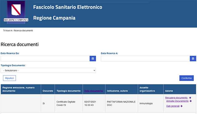I documenti relativi a COVID-19 nel Fascicolo Sanitario Elettronico della Regione Campania: c'è anche il Green Pass